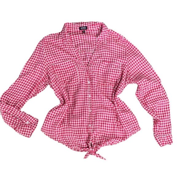 Jones New York Checked Button Up Tie Waist Top XL Red 127C - Picture 5 of 8